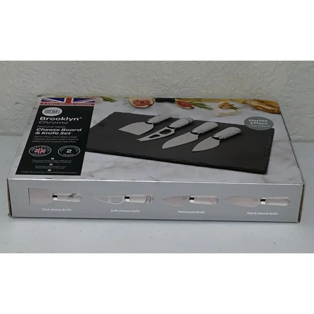 Natural Slate‎ Charcuterie Cheese Board & Knife Set 5 Pc Brooklyn Chrome NEW